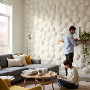 May include: A modern living room with a gray sectional sofa, yellow armchair, and a wooden coffee table. A couple is arranging a plant on a shelf against a textured, white wall. The room has a neutral color palette with natural light.