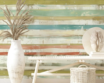 Vintage Pastel Stripe Wallpaper Distressed Horizontal Stripes Soft Colors Rustic Chic Wall Mural