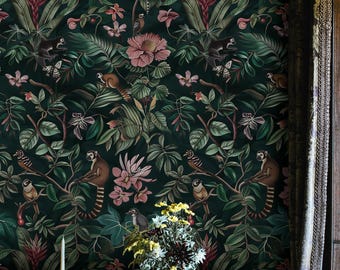 Dark Botanical Jungle Wallpaper Peel and Stick - Exotic Animals, Tropical Plants, Birds, and Flowers Mural