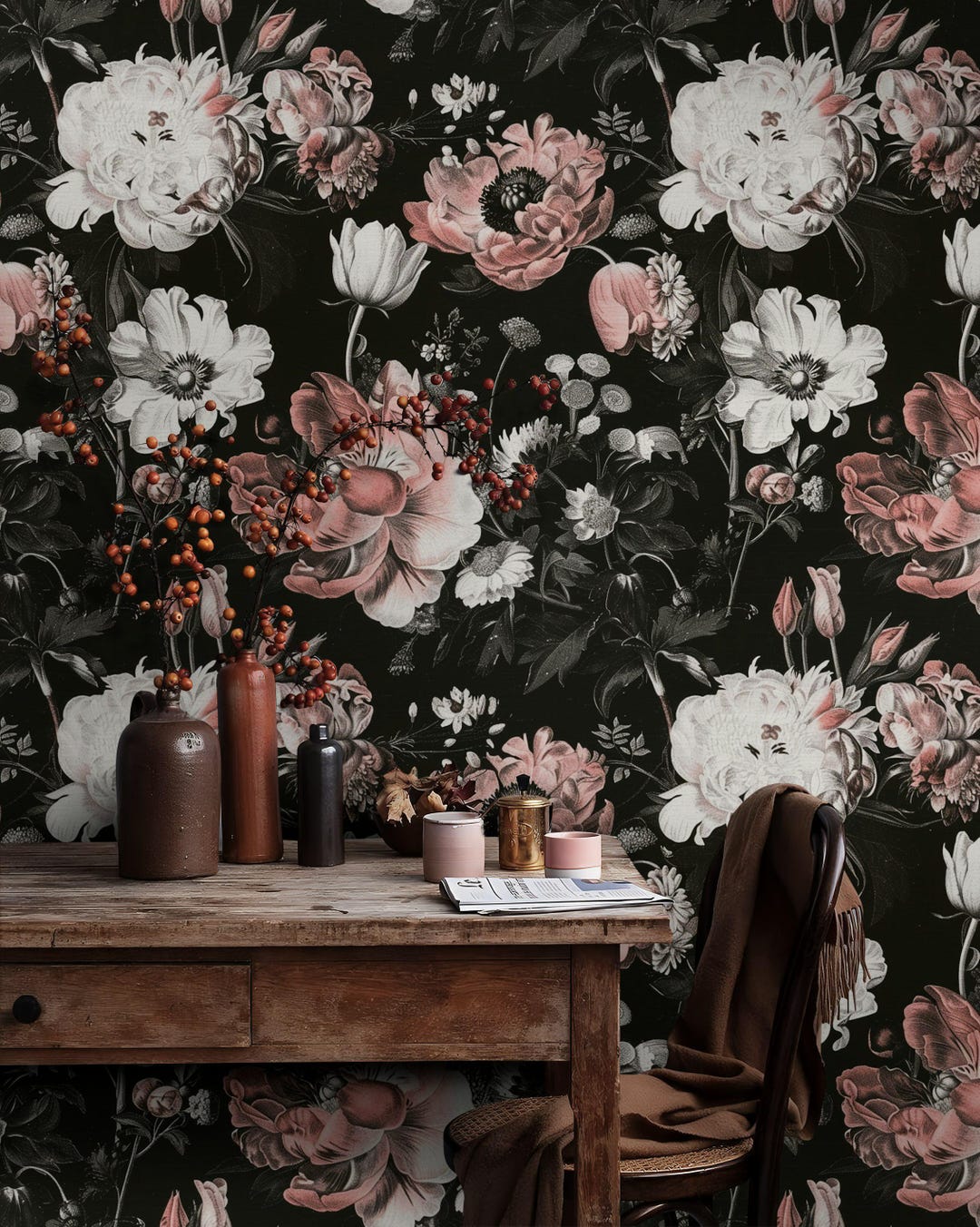 Vintage Floral Wallpaper With Pink Peonies and Anemones - Elegant Wall ...