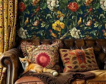 May include: A brown leather sofa with decorative pillows and a fox resting on a brown fur throw. The background features a dark floral wallpaper with birds and flowers. Yellow patterned curtains are on the left.