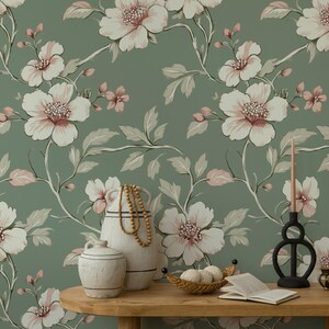 Salviagrön blommig tapet | Vintage-inspirerad avtagbar väggmålning
