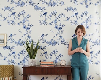 Floral Wallpaper Traditional Peel And Stick Birds Mural Vintage Wall Decor