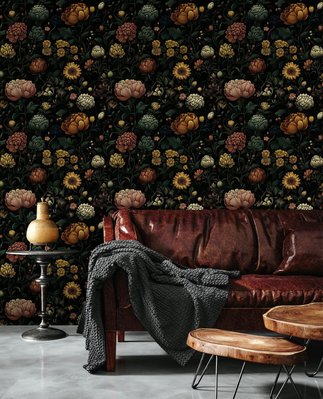 Dark Floral Botanical Wallpaper Mural Intricate Blossoms in Deep Rich ...