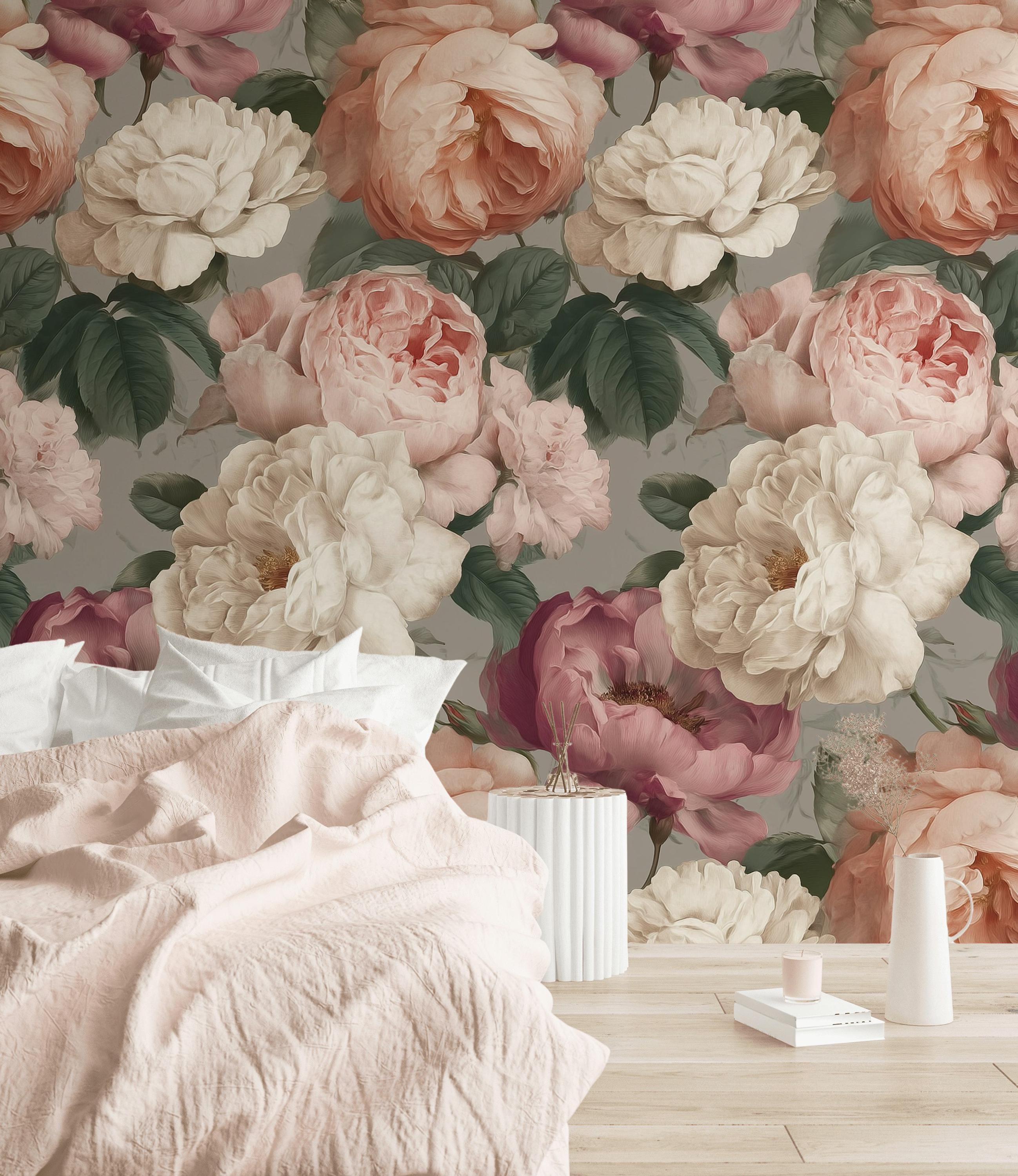 Blush Peony Peel and Stick Wallpaper Vintage Floral Mural Romantic Wall ...