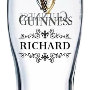 May include: A clear pint glass with the Guinness logo and the name "RICHARD" in black lettering. The Guinness logo features a harp with gold and black accents. The glass has a curved shape.