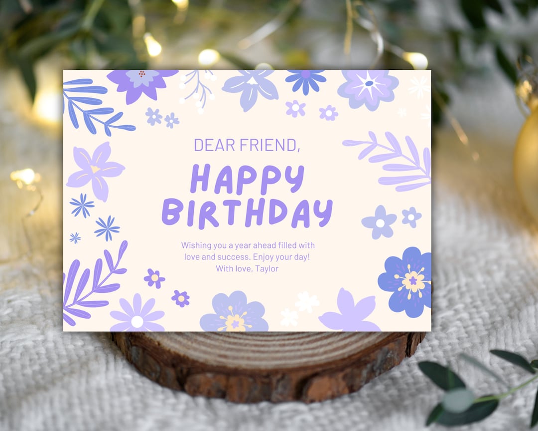 Happy Birthday Printable Card, Purple Floral Birthday Card, Digital ...