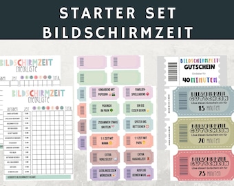 May include: A printable starter set for screen time management featuring checklists and colourful vouchers. The documents include grids for tracking tasks and time, alongside perforated-style tickets with text in German for various activities and time increments.