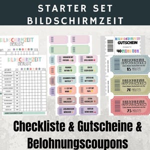 Könnte beinhalten: Ein Starter-Set aus Checklisten, Gutscheinen und Belohnungsgutscheinen. Das Set enthält Checklisten, farbenfrohe Gutscheine für Aktivitäten und zeitbasierte Belohnungen. Der Text auf dem Bild lautet "Checkliste & Gutscheine & Belohnungscoupons."