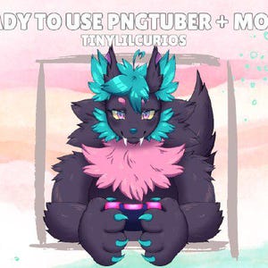 Może przedstawiać: Furry stworzenie w kolorze fioletowym i niebieskim z różowym futrem wokół szyi trzyma kontroler do gier wideo. Stworzenie ma niebiesko-zielone włosy i żółte oczy. Tło jest w stylu akwarelowym w kolorze różowym i niebieskim.