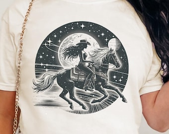 Space Cowgirl Shirt Celestial Moon and Star Cowgirl Cosmic Western Graphic Tee Color Comfort Gift For Her Country Girl Clothing Women Tshirt