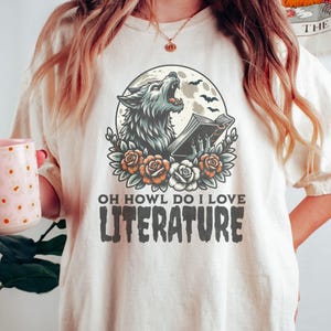 Wolf Halloween Reading Shirt Comfort Colors Tee Book Lover Gift Dark Academia Spooky English Teacher Tee Werewolf Funny Gift for Reader Ivory