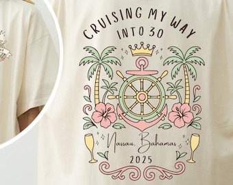 Personalized 30th Birthday Cruise Comfort Colors Tee With Pastel Cartoon Front And Back Design
