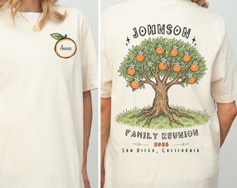 Personalized Matching Family Reunion Bella Canvas Tee Front and Back Doodle Art Orange Tree Design