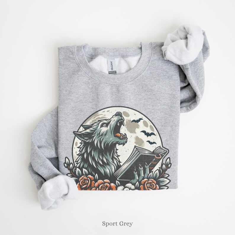 Wolf Halloween Reading Shirt Comfort Colors Tee Book Lover Gift Dark Academia Spooky English Teacher Tee Werewolf Funny Gift for Reader Sport Grey