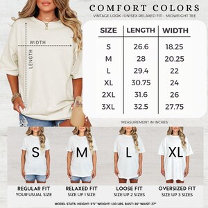 May include: Cream-colored Comfort Colors unisex relaxed fit midweight tee. The image includes a size chart with measurements in inches, ranging from S to 3XL. The model stats are height 5'5", weight 130 lbs, bust 36", and waist 27".