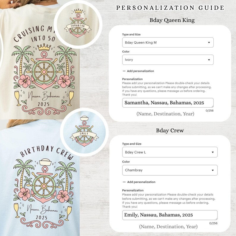 May include: Two t-shirts with nautical-themed designs. One is cream-colored with the text "Cruising Into 50" and the other is light blue with "Birthday Crew". Both feature an anchor, palm trees, and the text "Nassau, Bahamas, 2025".