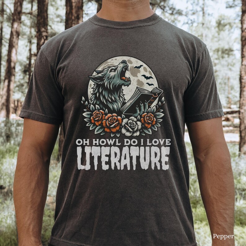 Wolf Halloween Reading Shirt Comfort Colors Tee Book Lover Gift Dark Academia Spooky English Teacher Tee Werewolf Funny Gift for Reader Pepper
