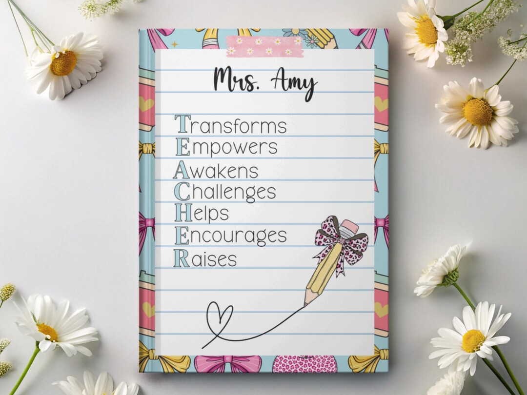 Personalized Teacher Gift Custom Name Hardcover Notebook Bow Pencil for ...