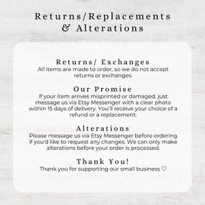 May include: A white card with black text detailing the shop's return, replacement, and alteration policies. The text includes information on returns, exchanges, the shop's promise, and alterations. The card ends with a thank you message.