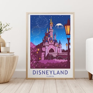 Disneyland Castle Florida Print Poster Wall Art Night Twinkling Sparkling Gift Souvenir Travel USA