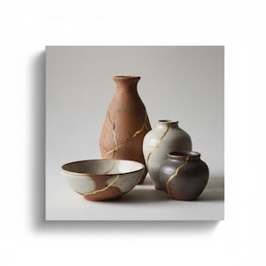 May include: A collection of ceramic pottery with gold kintsugi repair. The set includes a tall, cracked terracotta vase, a white vase, a small brown vase, and a bowl. The gold accents highlight the cracks, adding a unique aesthetic.