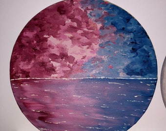 Round painting, sea and sunset, handmade acrylic canvas, 24x24