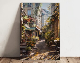 Quaint Street Morning, Café Daydreams, PRINTABLE ART, City Tranquility, Floral Facade