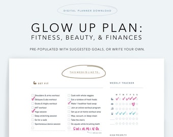 Printable Minimalist Glow Up Planner: Get Fit, Pretty and Rich - PRE POPULATED goals, Weekly Calendar, Undated, Vertical & Horizontal