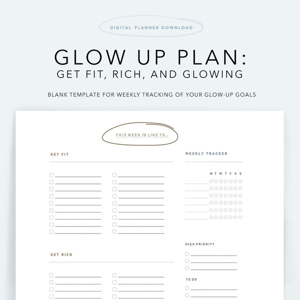 Printable Minimalist Planner for Getting Fit, Rich, & Glowing - BLANK. Instant Download Weekly/Daily Print Out. Undated for Unlimited Use