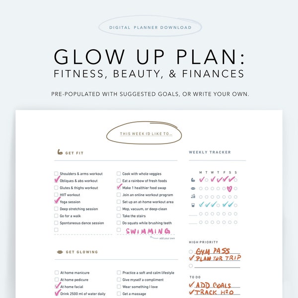 Printable Minimalist Glow Up Planner: Get Fit, Pretty and Rich - PRE POPULATED goals, Weekly Calendar, Undated, Vertical & Horizontal