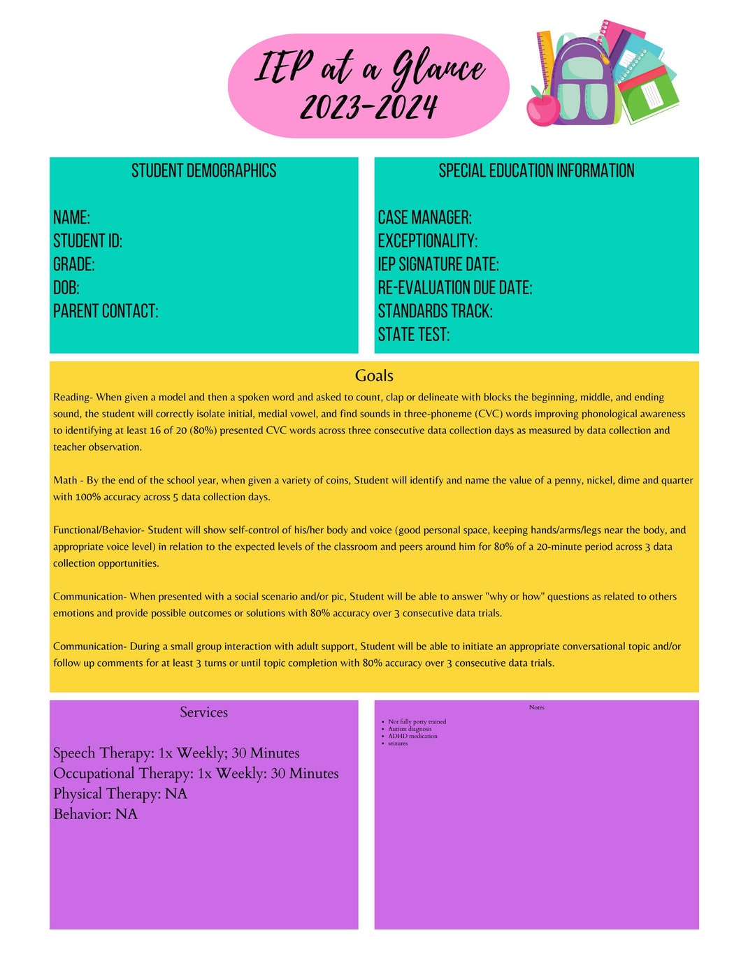 IEP at a Glance, IEP Template, Special Education, IEP Organization IEP at a Glance, IEP Template, Special Education, IEP Organization
