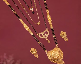 Combo tradizionale Mangalsutra: set di gioielli da sposa placcati in oro per spose indiane