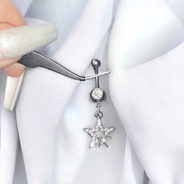 Y2k 00s silver bratz inspired silver diamond rhinestone double star flower dangling belly button piercing belly bar ring jewellery