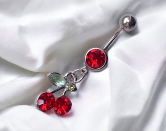 Y2k 00s silver bratz inspired red dangling diamond rhinestone cherry belly button piercing bar ring body jewellery gift for her punk goth