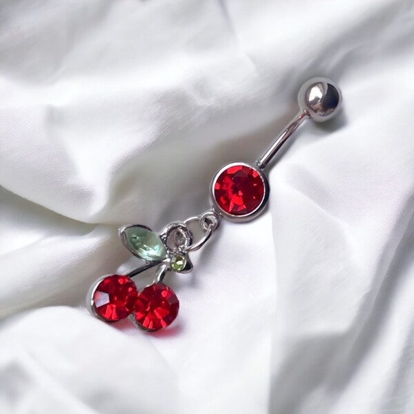 Y2k 00s silver bratz inspired red dangling diamond rhinestone cherry belly button piercing bar ring body jewellery gift for her punk goth