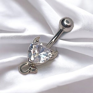 Y2k 2000s silver bratz inspired diamond rhinestone devil heart belly piercing bar ring body jewellery