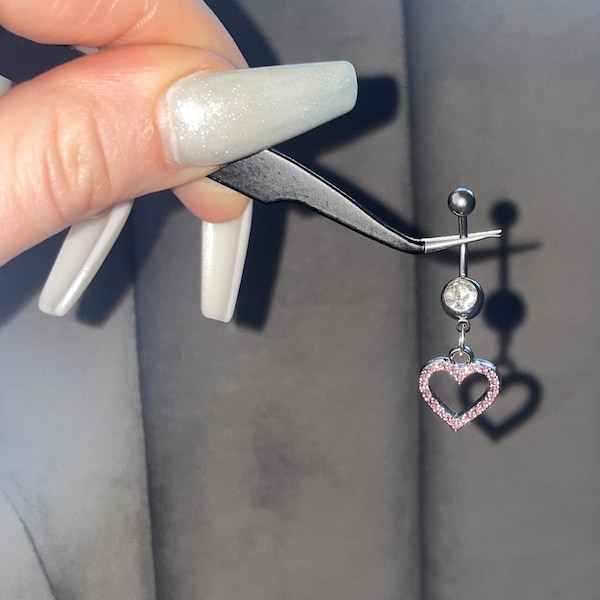 Y2k 2000s silver bratz inspired silver diamond rhinestone pink heart dangling belly button piercing bar ring body jewellery