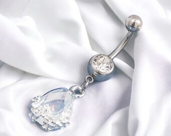 Y2k 2000s silver bratz inspired silver diamond rhinestone star moonstone water drop flower dangling belly piercing bar ring body jewellery