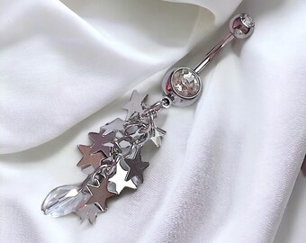 Y2k 2000s silver bratz inspired silver diamond rhinestone star dangling belly button piercing bar ring body jewellery goth punk star gift