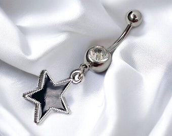 Y2k 2000s black silver punk bratz inspired diamond rhinestone star belly button piercing bar ring body jewellery 00s belly bar belly ring