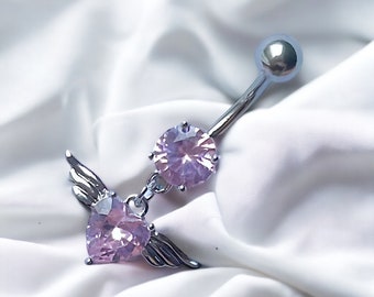 Y2k 2000s silver bratz inspired diamond rhinestone pink dangling heart wing belly button piercing belly bar ring jewellery valentines gift
