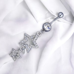 Y2k 2000s silver bratz inspired silver diamond rhinestone star flower dangling belly button piercing belly bar ring jewellery goth star punk