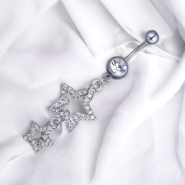 Y2k 2000s silver bratz inspired silver diamond rhinestone star flower dangling belly button piercing belly bar ring jewellery goth star punk