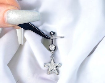 Y2k 00s silver bratz inspired silver diamond rhinestone double star flower dangling belly button piercing bar ring body jewellery