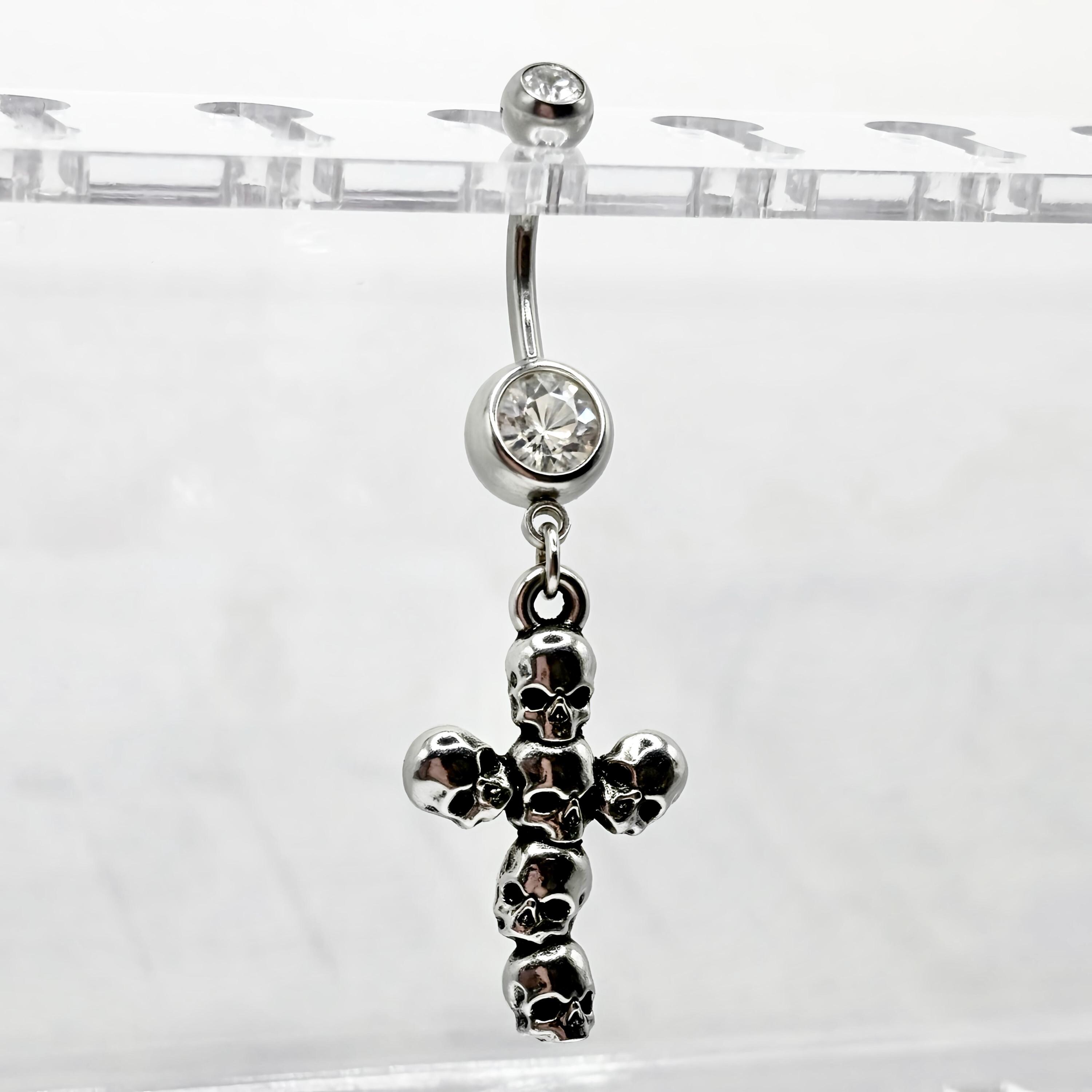 Crystal Paved Cross 14K Gold Plated Rose Gold Surgical Steel Navel Belly Ring - 14g