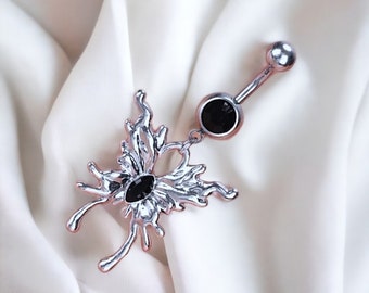 Y2k 2000s silver bratz inspired black punk goth skull butterfly dangling diamond rhinestone belly button piercing bar ring body jewellery