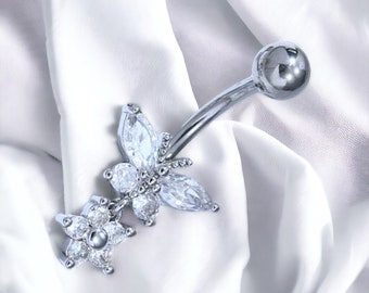 Y2k 2000s silver bratz inspired diamond rhinestone butterfly belly piercing bar ring body jewellery