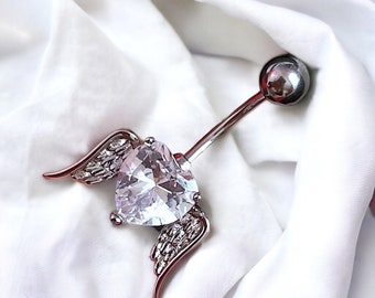 Y2k 2000s silver bratz inspired diamond rhinestone dangling heart wing belly button piercing bar ring body jewellery valentines gift