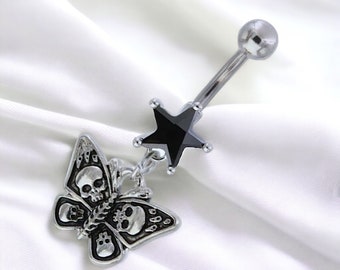 Y2k 2000s silver bratz inspired black punk goth skull butterfly dangling diamond rhinestone belly button piercing bar ring body jewellery